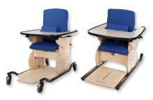 Hardrock special needs seating system in blue – adjustable postural support for children/adults with mobile base and skis.