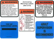 Jensen Set of 5 Warning Labels: (1) Strangulation Warning, (2) "Hot Surface" Warning, (3) Surfacing Warning, (4) Surfacing Level Marker Warning & (5) "Adult Supervision Is Recommended" Warning 